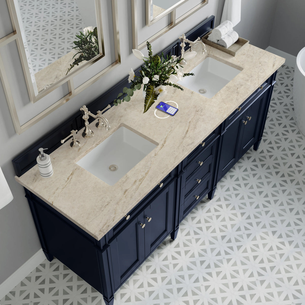 Brittany 72" Double Vanity, Victory Blue, w/ 3 CM Tajnar Eclos Top w/FreePower Wireless Charger, view 8