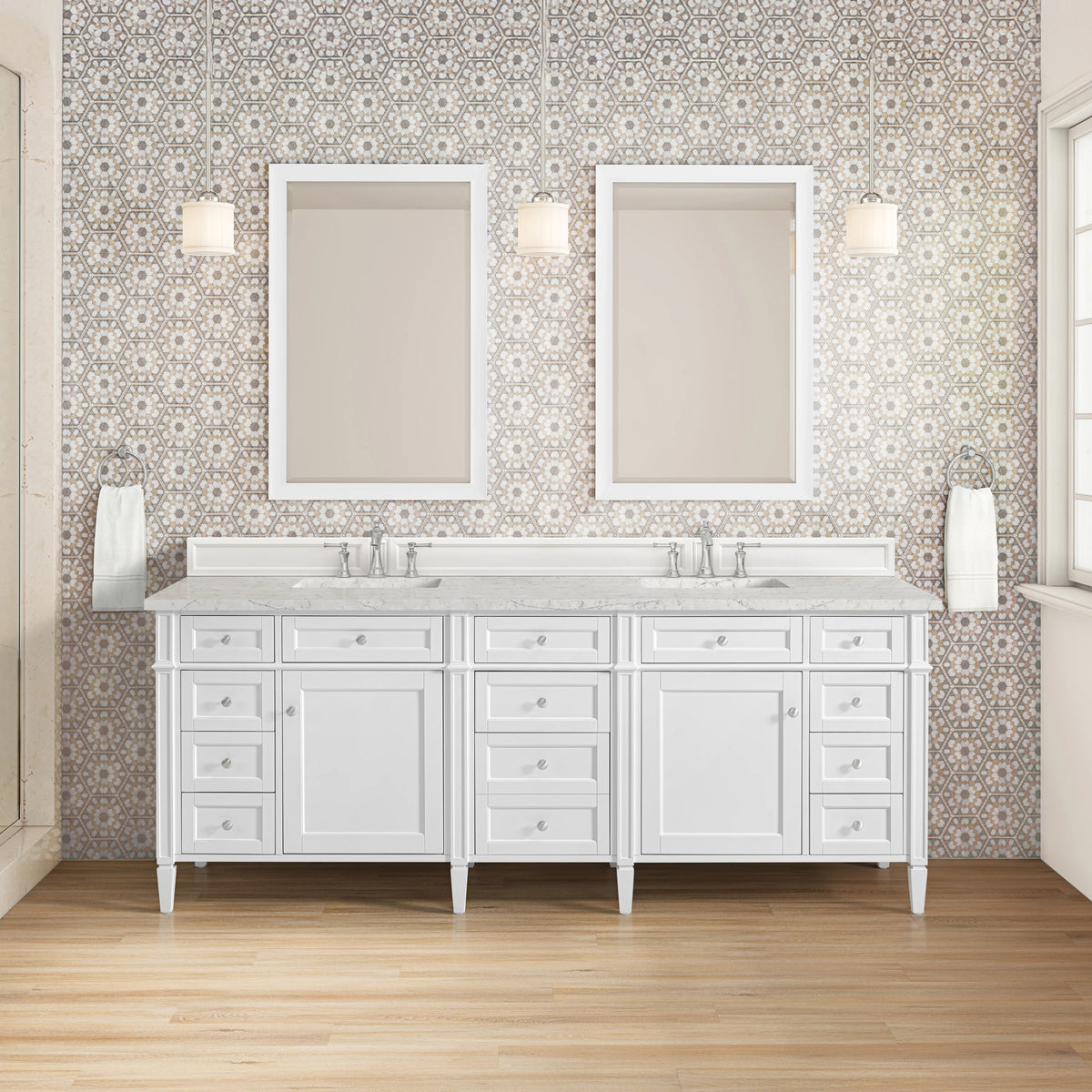 Brittany 84" Double Vanity, Bright White w/ 3 CM Eternal Jasmine Pearl Top, view 3