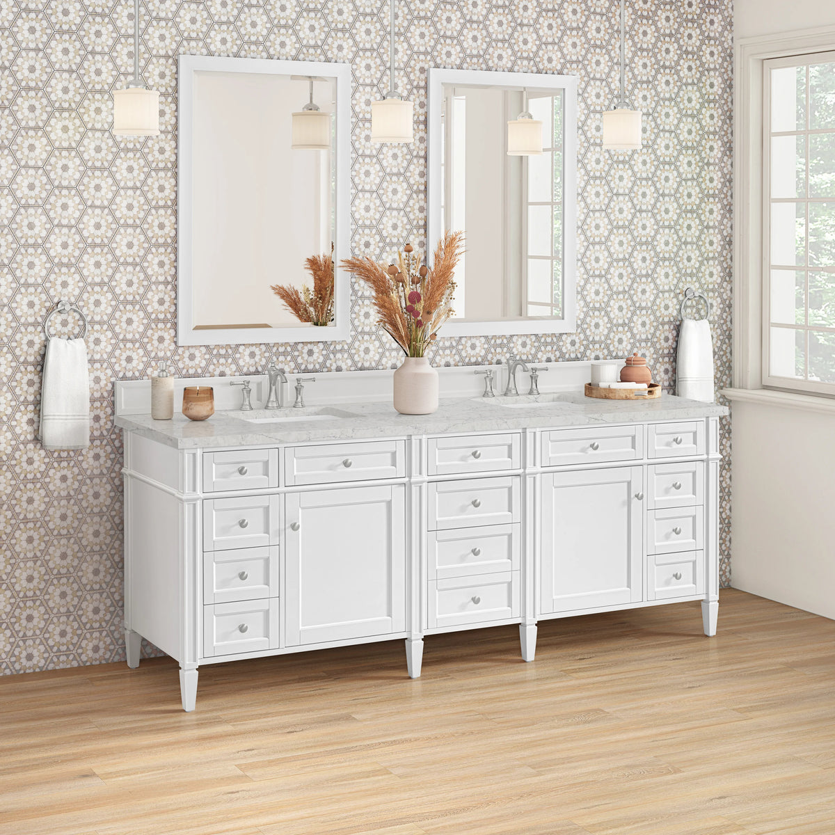 Brittany 84" Double Vanity, Bright White w/ 3 CM Eternal Jasmine Pearl Top, view 4