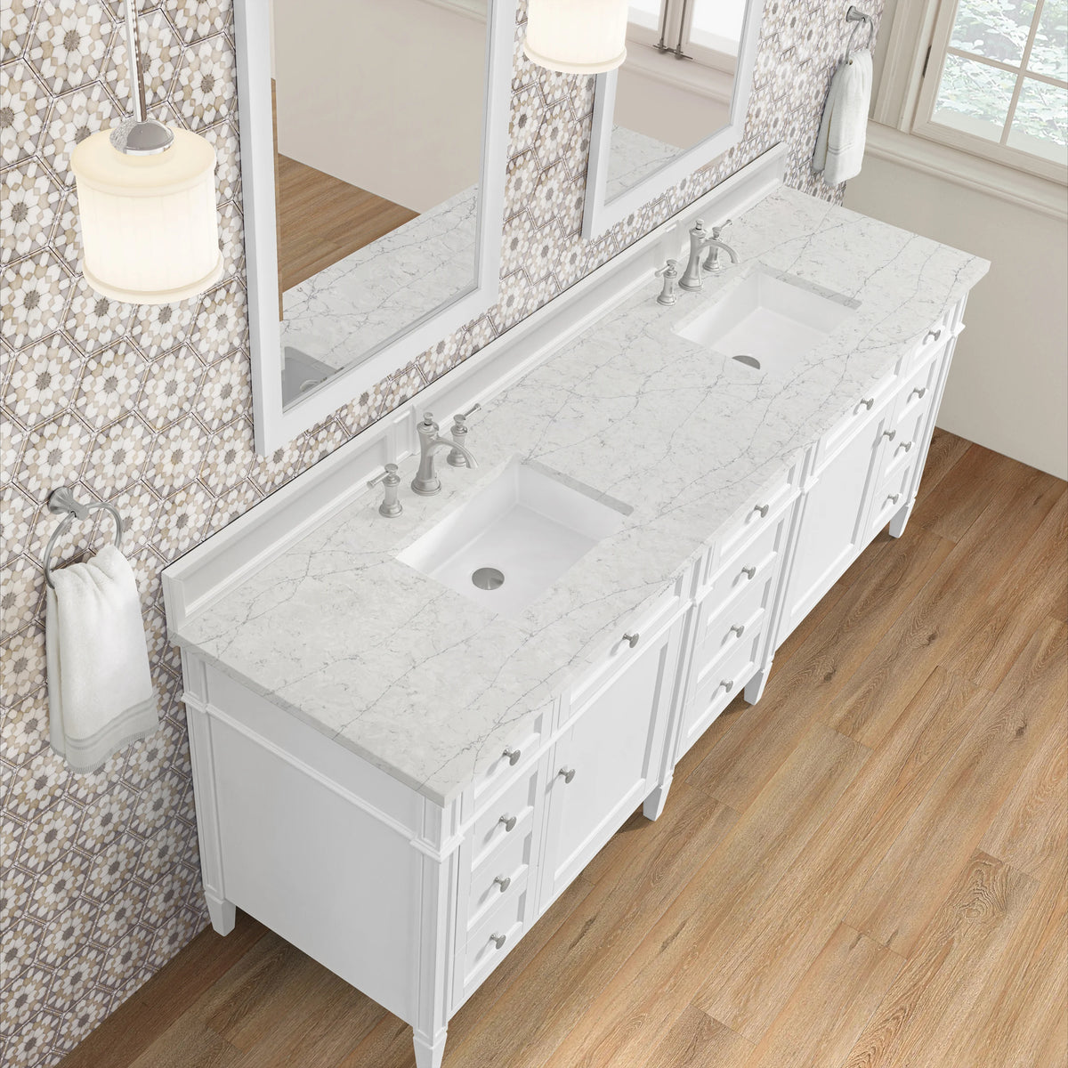 Brittany 84" Double Vanity, Bright White w/ 3 CM Eternal Jasmine Pearl Top, view 6