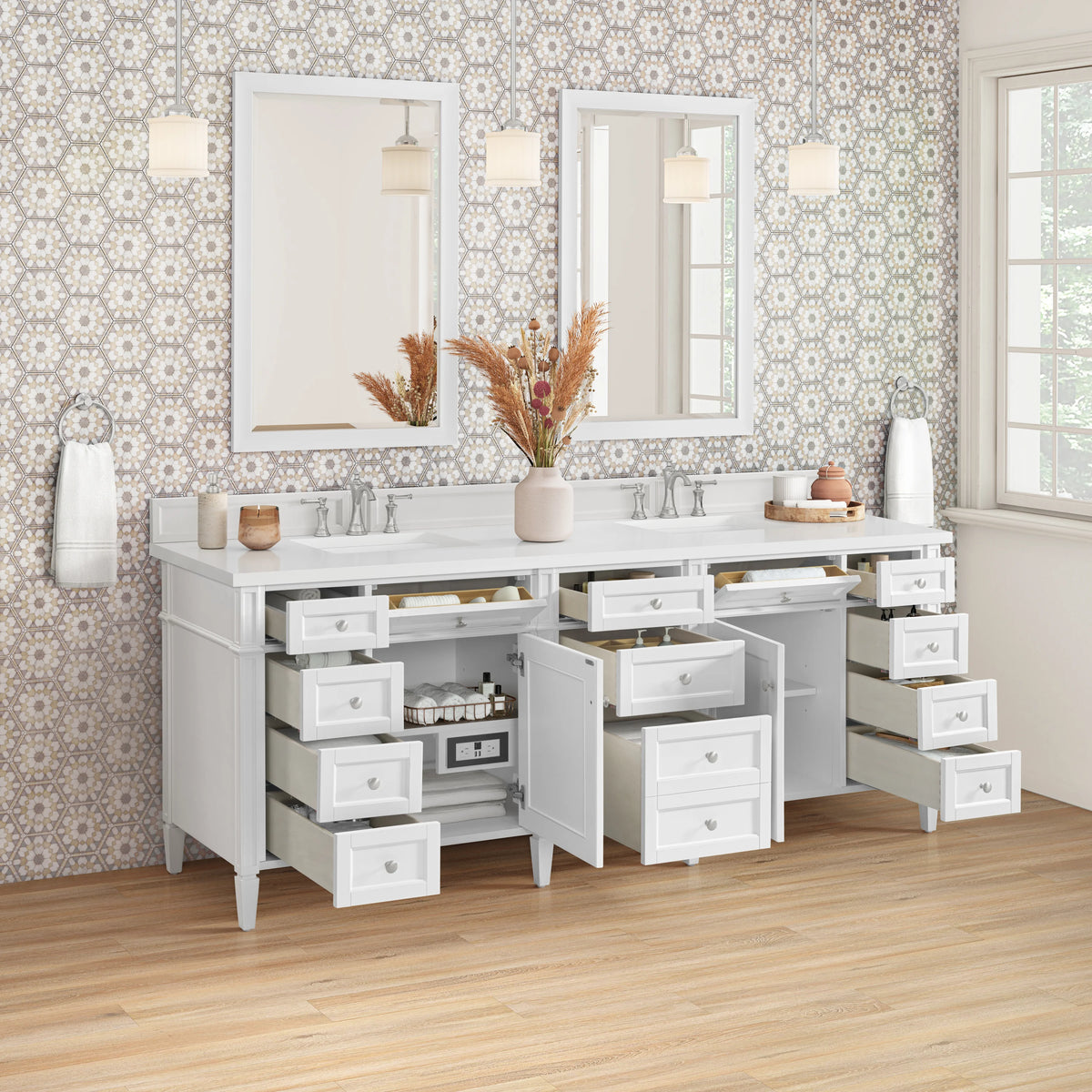 Brittany 84" Double Vanity, Bright White w/ 3 CM White Zeus Top, view 10