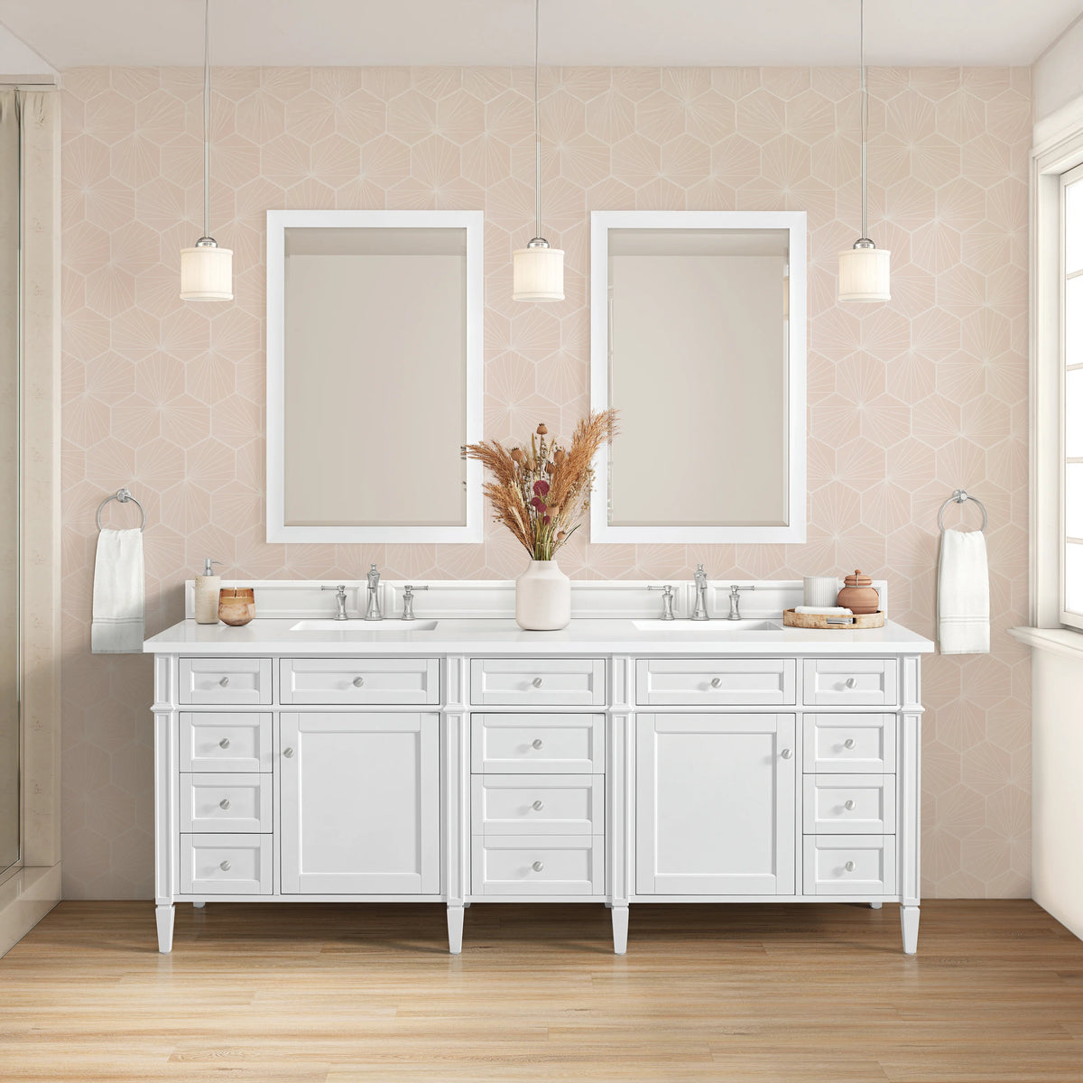 Brittany 84" Double Vanity, Bright White w/ 3 CM White Zeus Top, view 6