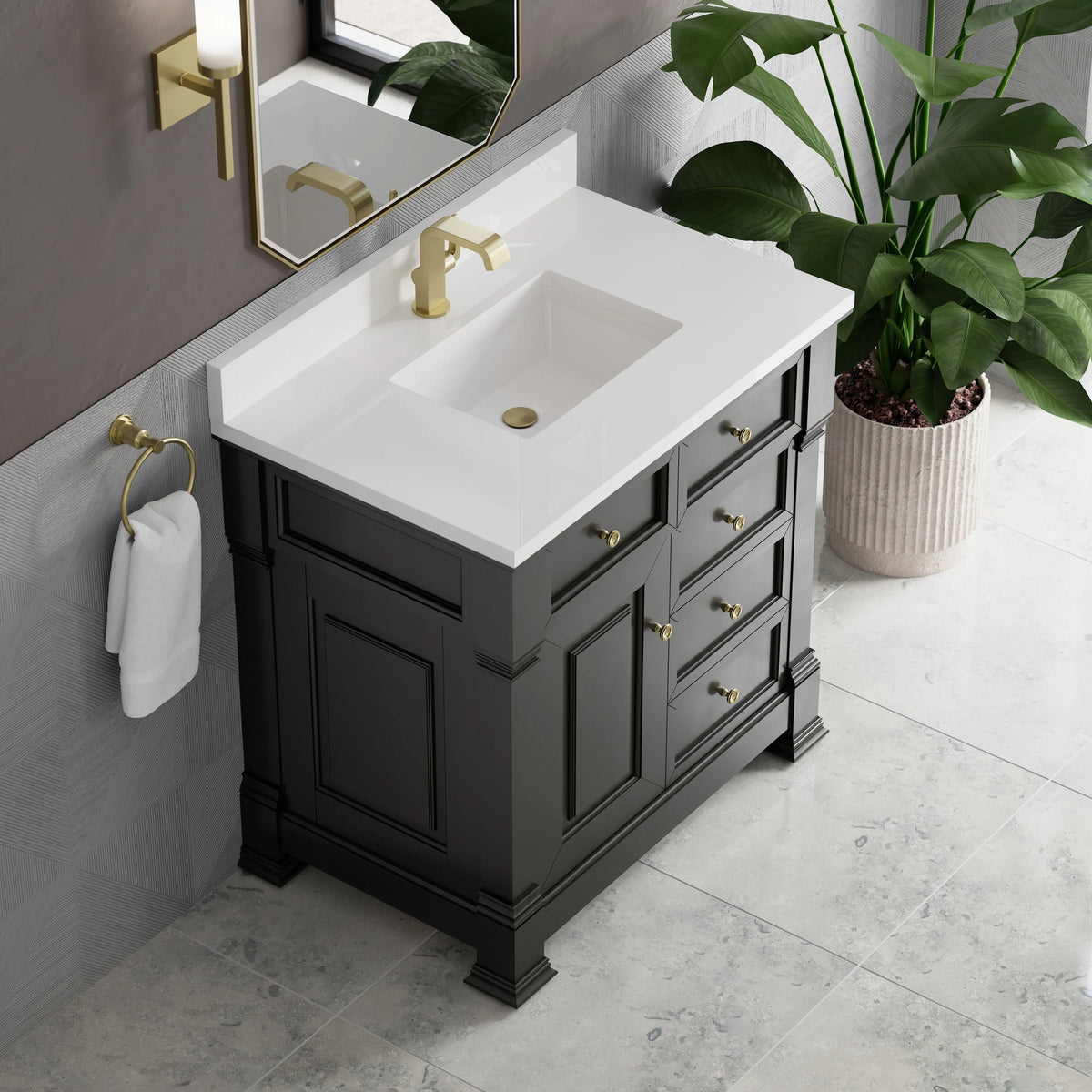 Brookfield 36" Single Vanity, Black Onyx w/ Single Hole 3 CM White Zeus Silestone Top & Backsplash, view 7