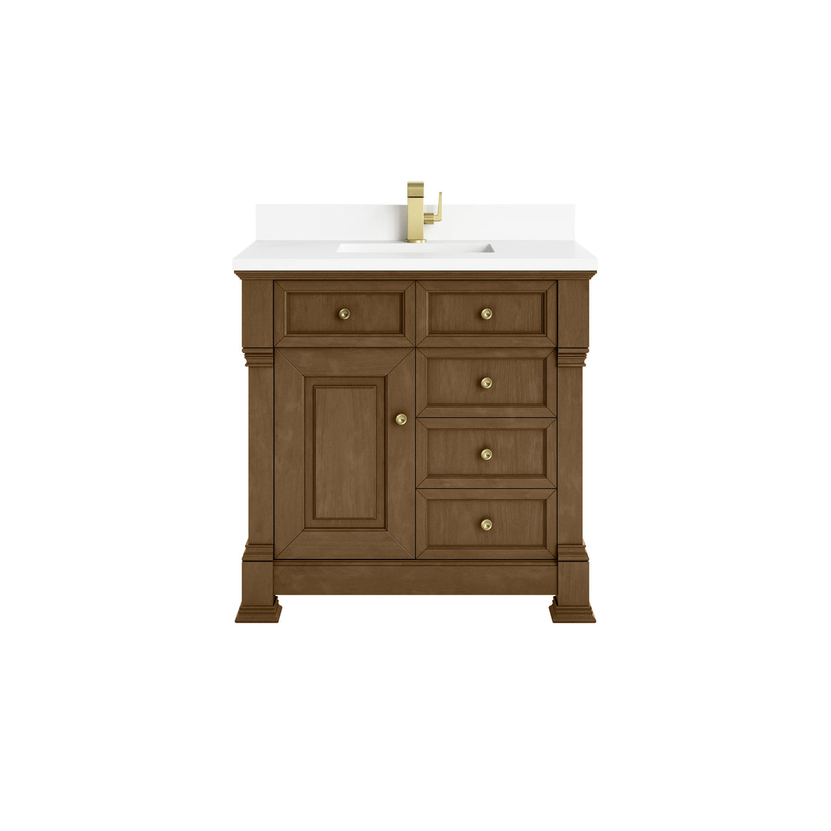 Brookfield 36" Single Vanity, Honey Oak w/ Single Hole 3 CM White Zeus Silestone Top & Backsplash
