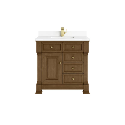Brookfield 36" Single Vanity, Honey Oak w/ Single Hole 3 CM White Zeus Silestone Top & Backsplash