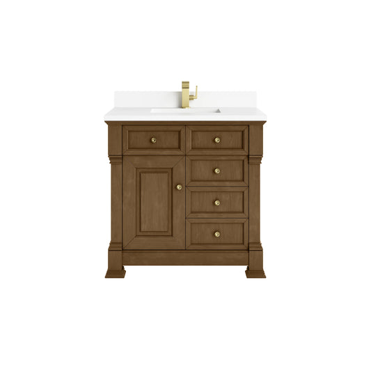Brookfield 36" Single Vanity, Honey Oak w/ Single Hole 3 CM White Zeus Silestone Top & Backsplash