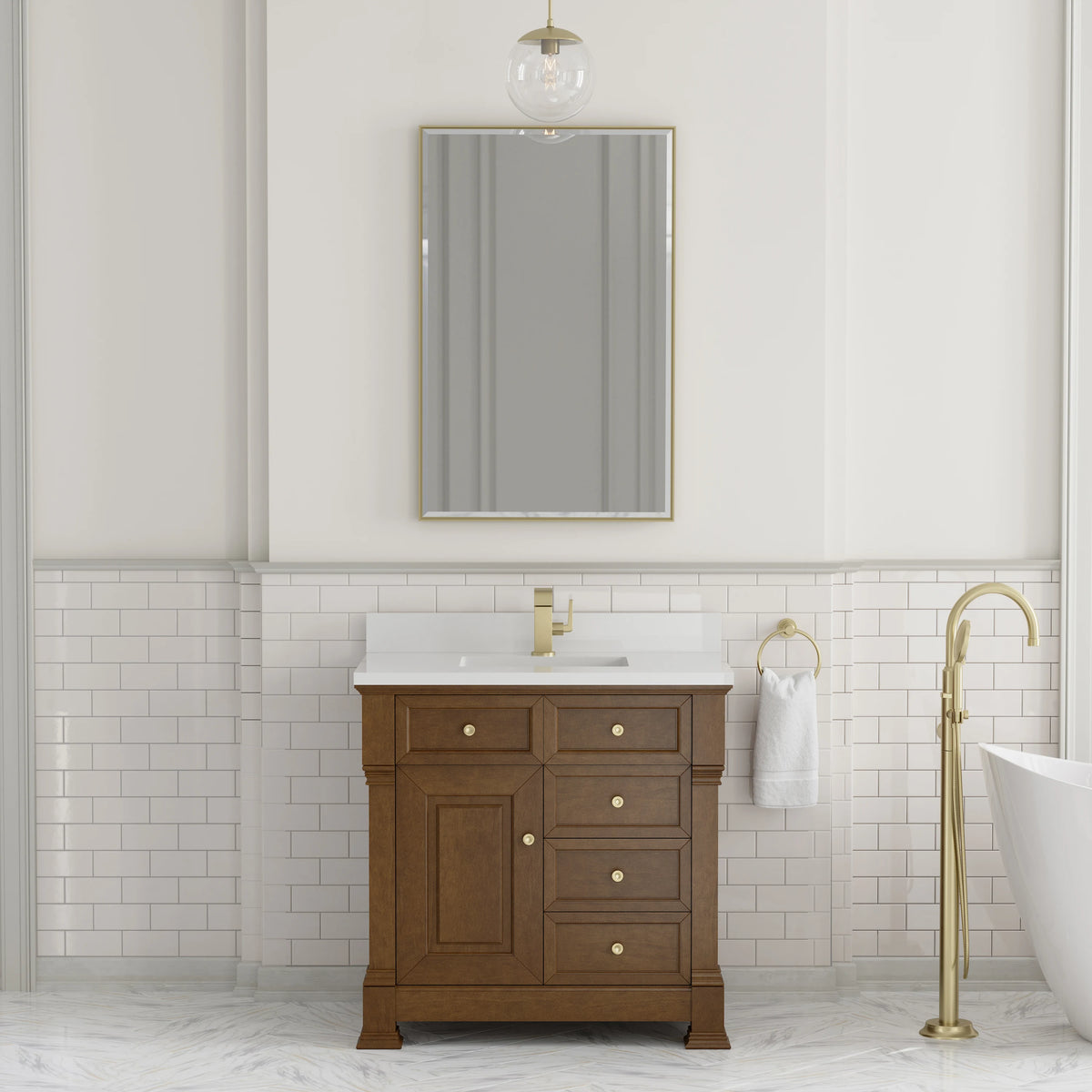 Brookfield 36" Single Vanity, Honey Oak w/ Single Hole 3 CM White Zeus Silestone Top & Backsplash, view 3
