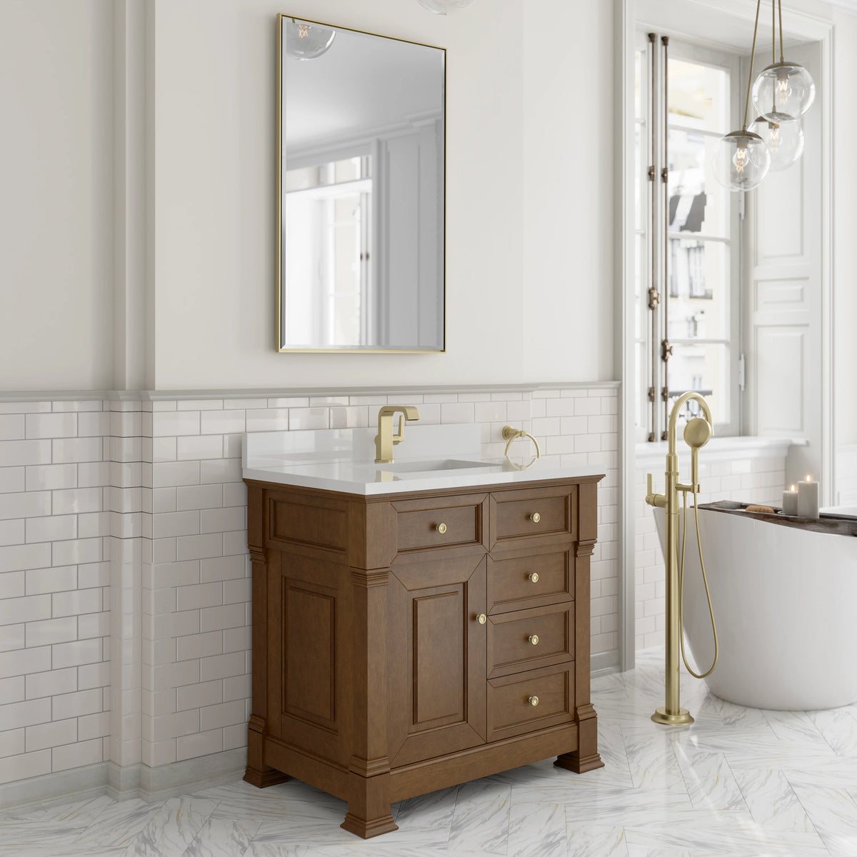 Brookfield 36" Single Vanity, Honey Oak w/ Single Hole 3 CM White Zeus Silestone Top & Backsplash, view 4