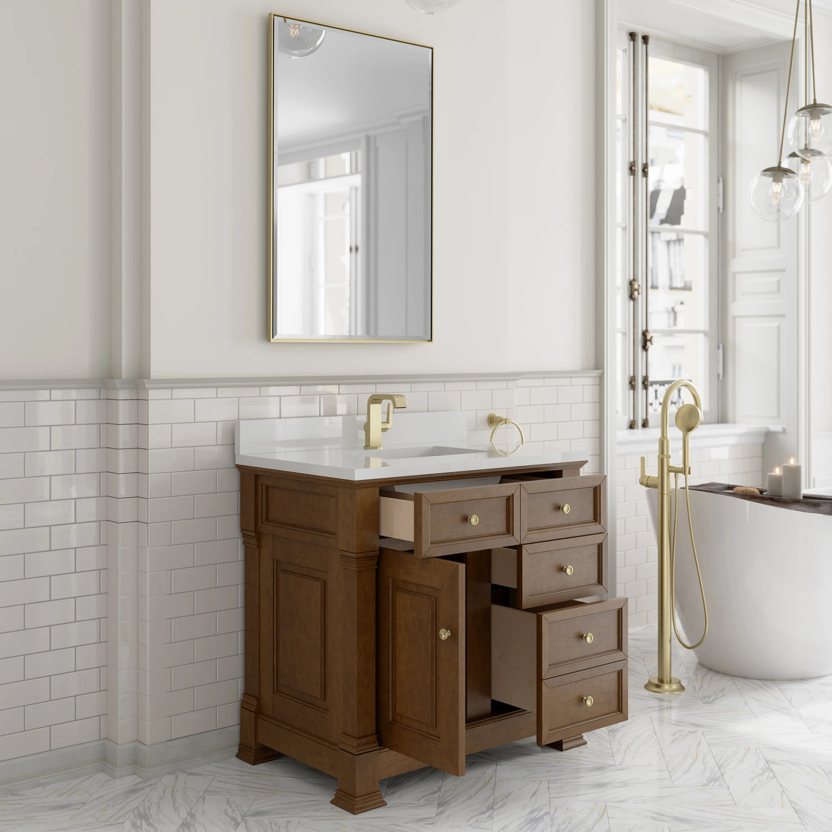 Brookfield 36" Single Vanity, Honey Oak w/ Single Hole 3 CM White Zeus Silestone Top & Backsplash, view 5