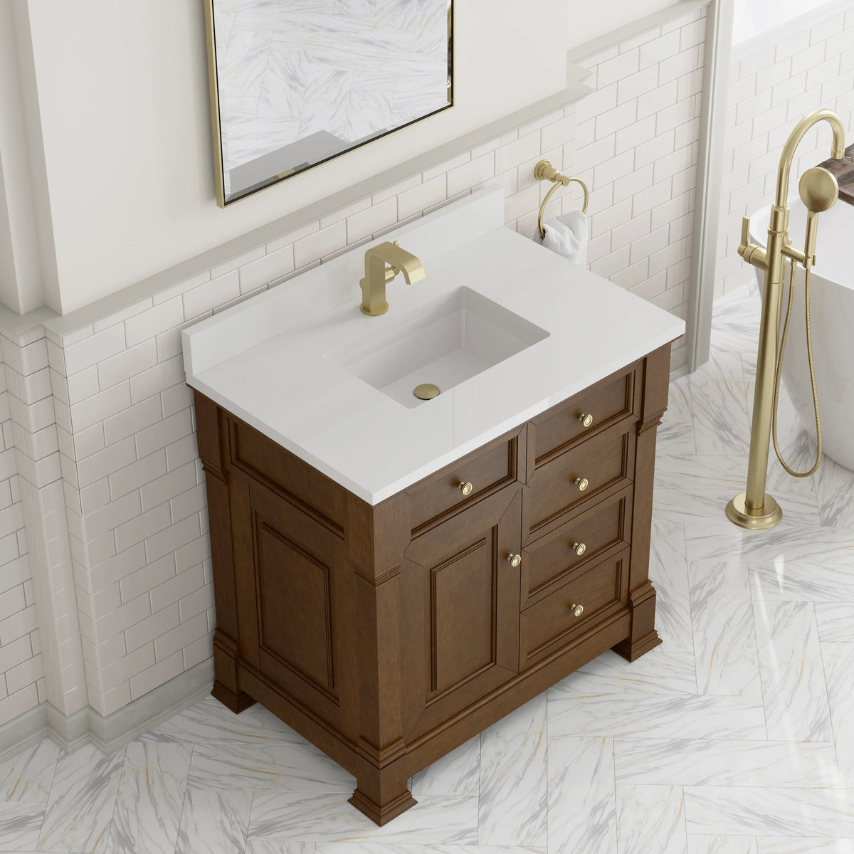 Brookfield 36" Single Vanity, Honey Oak w/ Single Hole 3 CM White Zeus Silestone Top & Backsplash, view 7