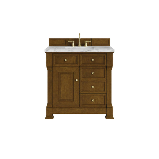 Brookfield 36" Single Vanity, Honey Oak w/ 3 cm Carrara White Marble Top