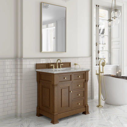 Brookfield 36" Single Vanity, Honey Oak w/ 3 cm Carrara White Marble Top, view 4