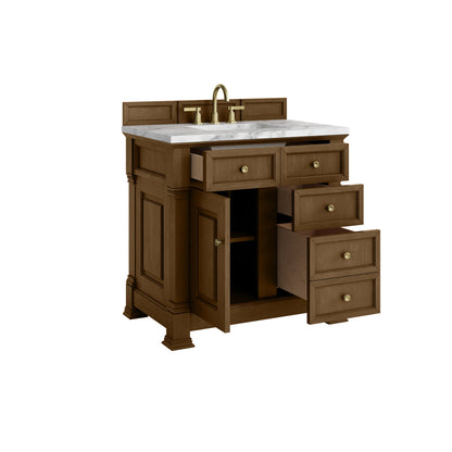 Brookfield 36" Single Vanity, Honey Oak w/ 3 cm Carrara White Marble Top, view 8