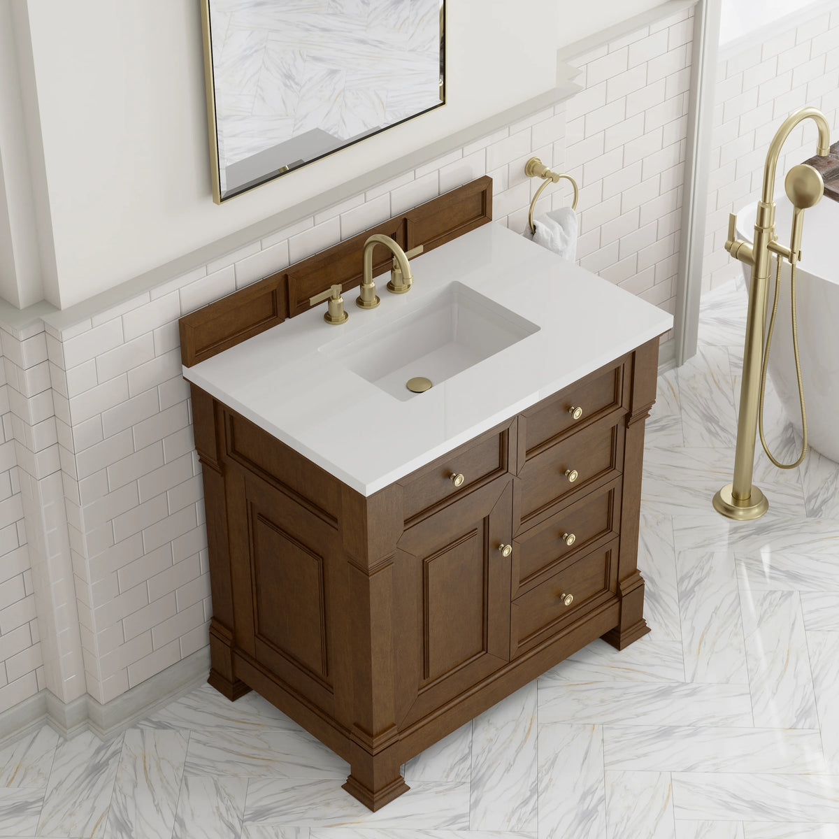 Brookfield 36" Single Vanity, Honey Oak, w/ 3 CM White Zeus Silestone Top, view 7