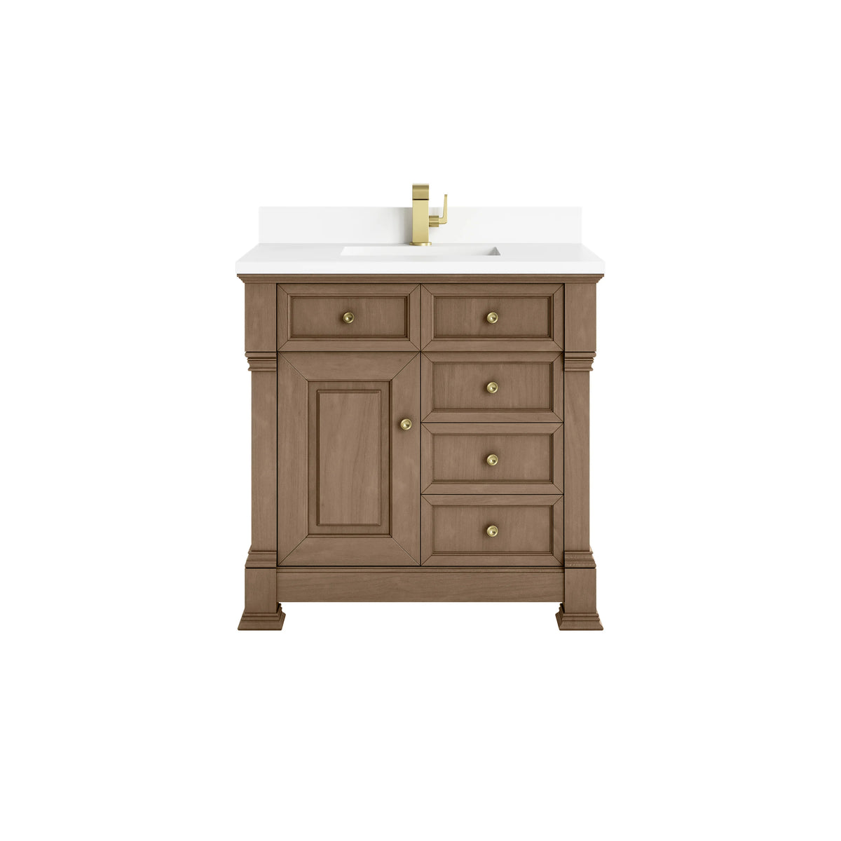 Brookfield 36" Single Vanity, Pecan w/ Single Hole 3CM White Zeus Silestone Top & Backsplash