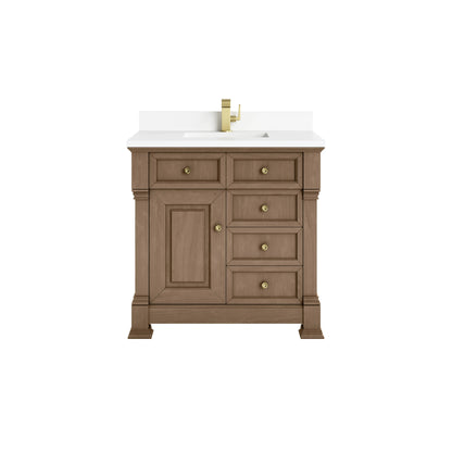 Brookfield 36" Single Vanity, Pecan w/ Single Hole 3CM White Zeus Silestone Top & Backsplash