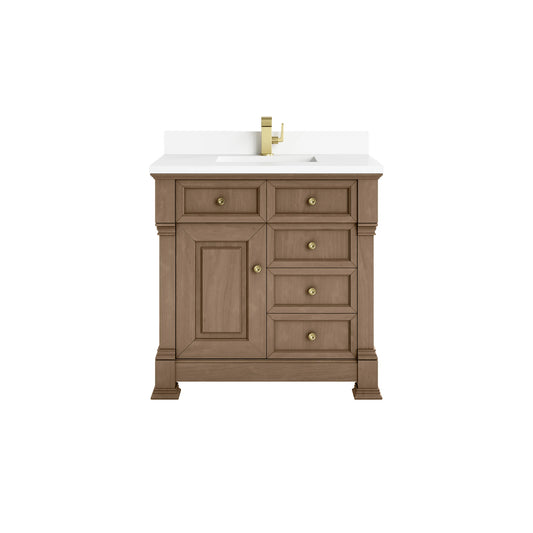 Brookfield 36" Single Vanity, Pecan w/ Single Hole 3CM White Zeus Silestone Top & Backsplash