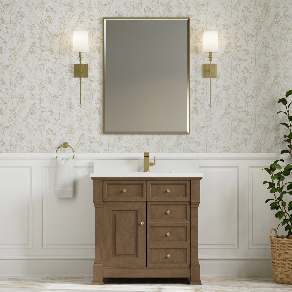 Brookfield 36" Single Vanity, Pecan w/ Single Hole 3CM White Zeus Silestone Top & Backsplash, view 3