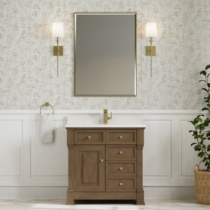 Brookfield 36" Single Vanity, Pecan w/ Single Hole 3CM White Zeus Silestone Top & Backsplash, view 3