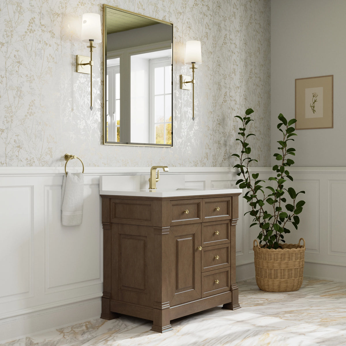 Brookfield 36" Single Vanity, Pecan w/ Single Hole 3CM White Zeus Silestone Top & Backsplash, view 4