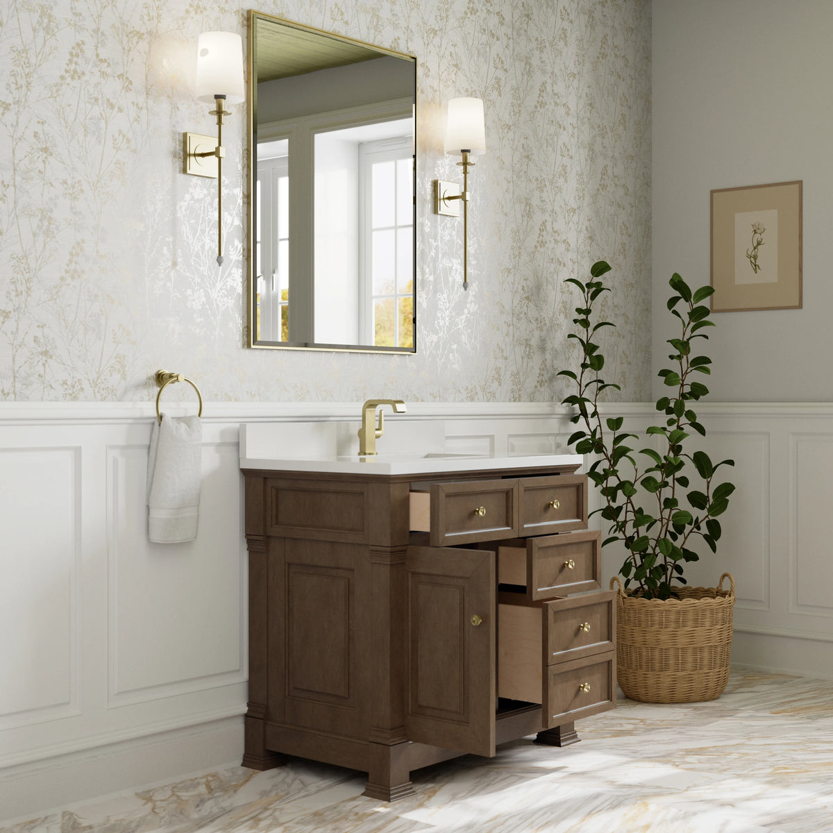 Brookfield 36" Single Vanity, Pecan w/ Single Hole 3CM White Zeus Silestone Top & Backsplash, view 5