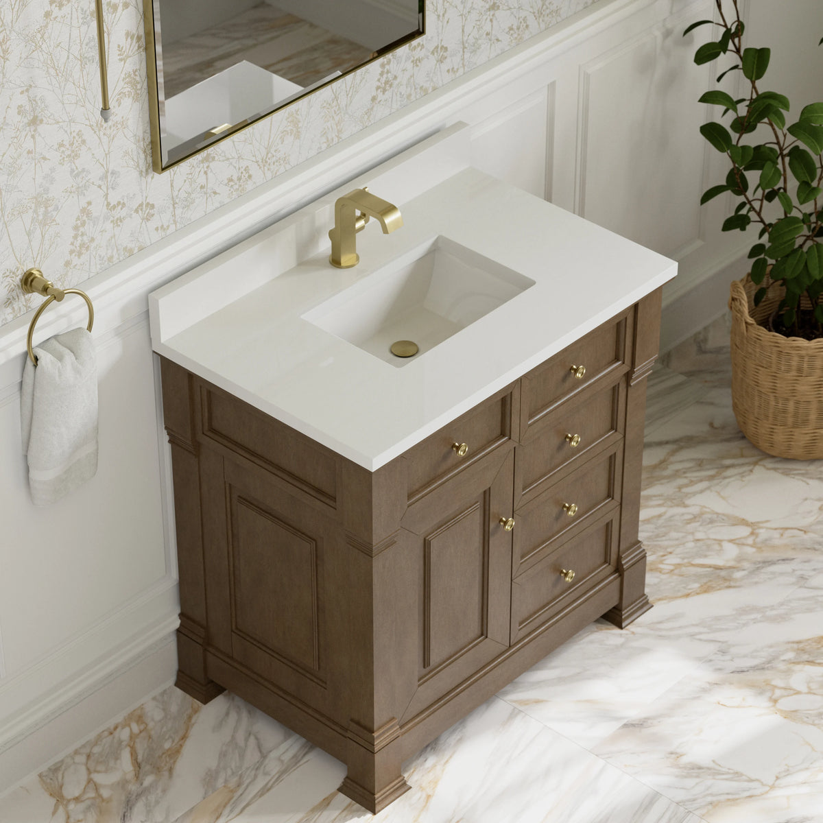 Brookfield 36" Single Vanity, Pecan w/ Single Hole 3CM White Zeus Silestone Top & Backsplash, view 7
