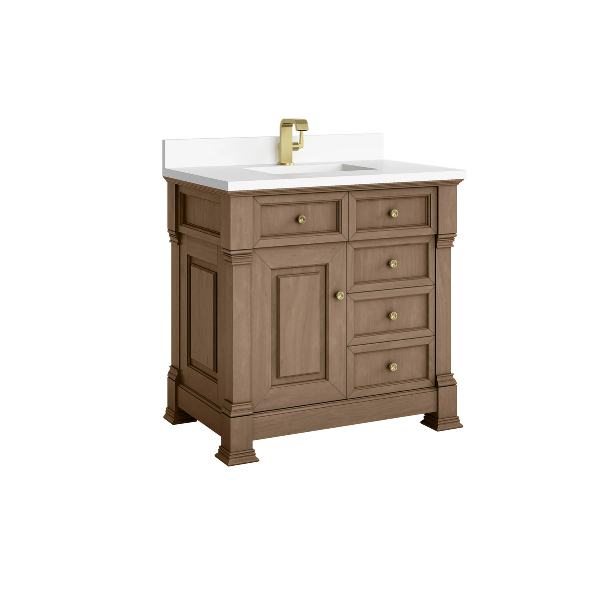 Brookfield 36" Single Vanity, Pecan w/ Single Hole 3CM White Zeus Silestone Top & Backsplash, view 9