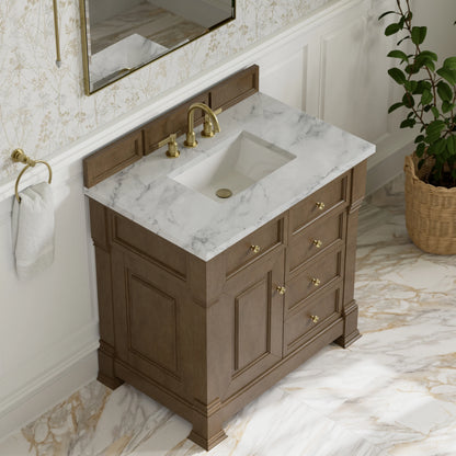 Brookfield 36" Single Vanity, Pecan w/3 CM Carrara White Marble Top, view 7