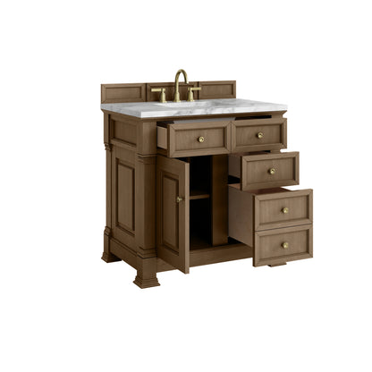 Brookfield 36" Single Vanity, Pecan w/3 CM Carrara White Marble Top, view 8