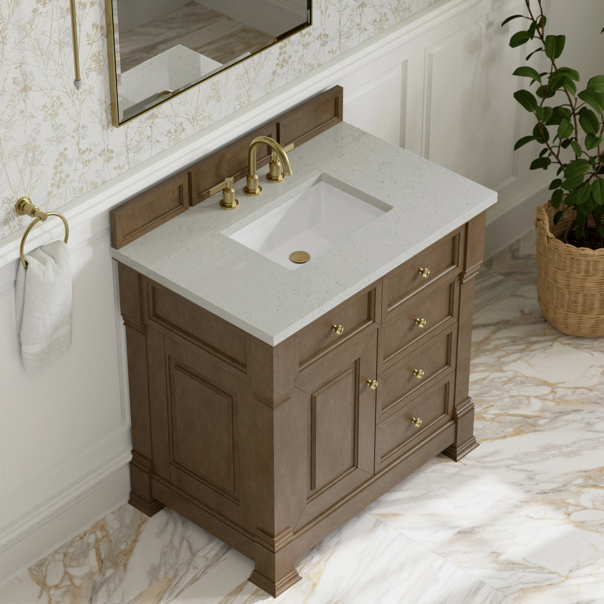 Brookfield 36" Single Vanity, Pecan w/ 3 CM Lime Delight Silestone Top, view 7