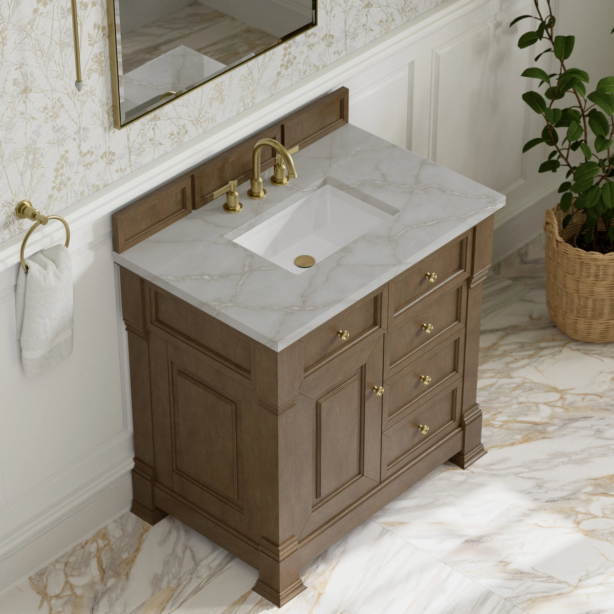 Brookfield 36" Single Vanity, Pecan w/ 3 CM Victorian Silver Silestone  Top, view 7
