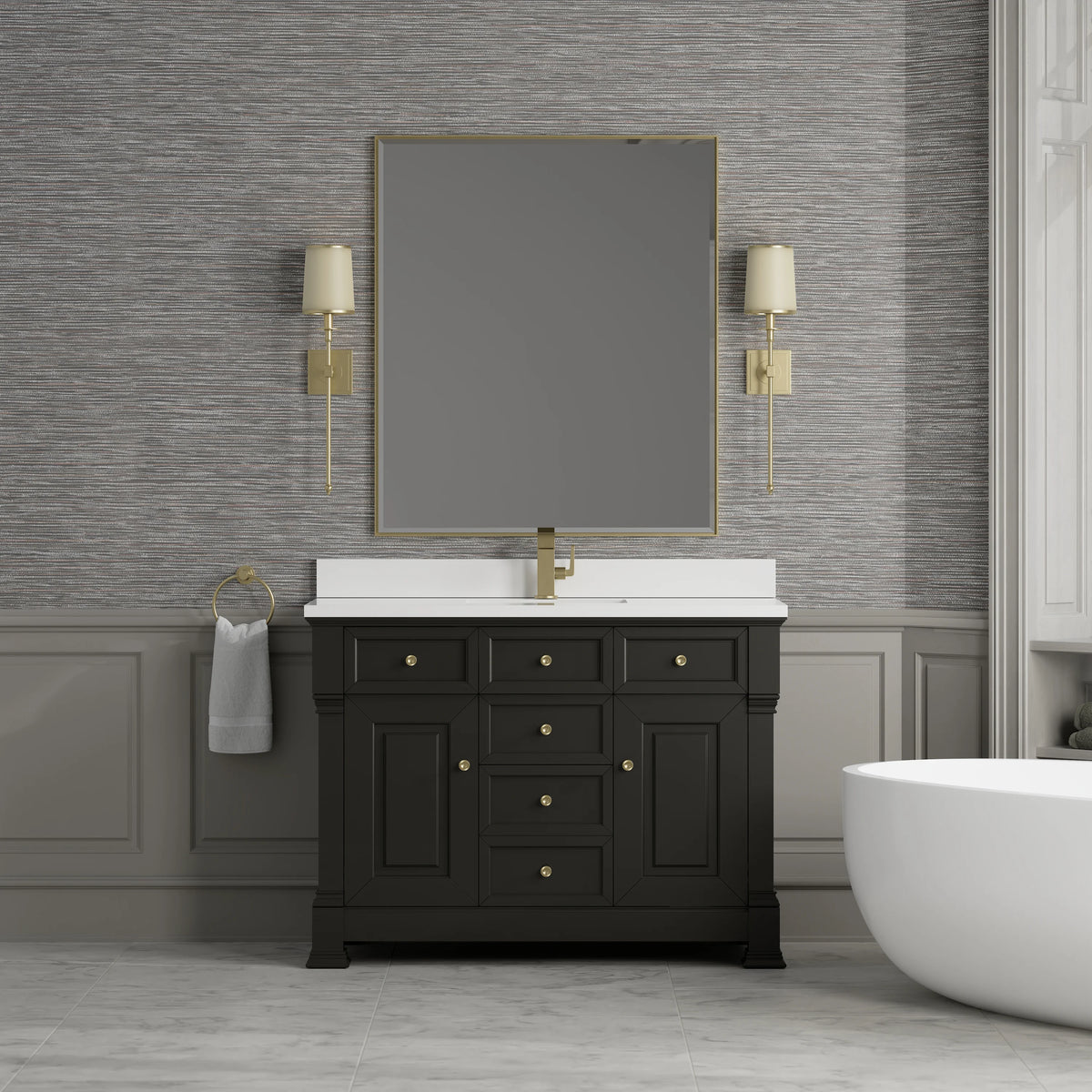 Brookfield 48" Single Vanity, Black Onyx w/ Single Hole 3 CM White Zeus Silestone Top & Backsplash, view 3