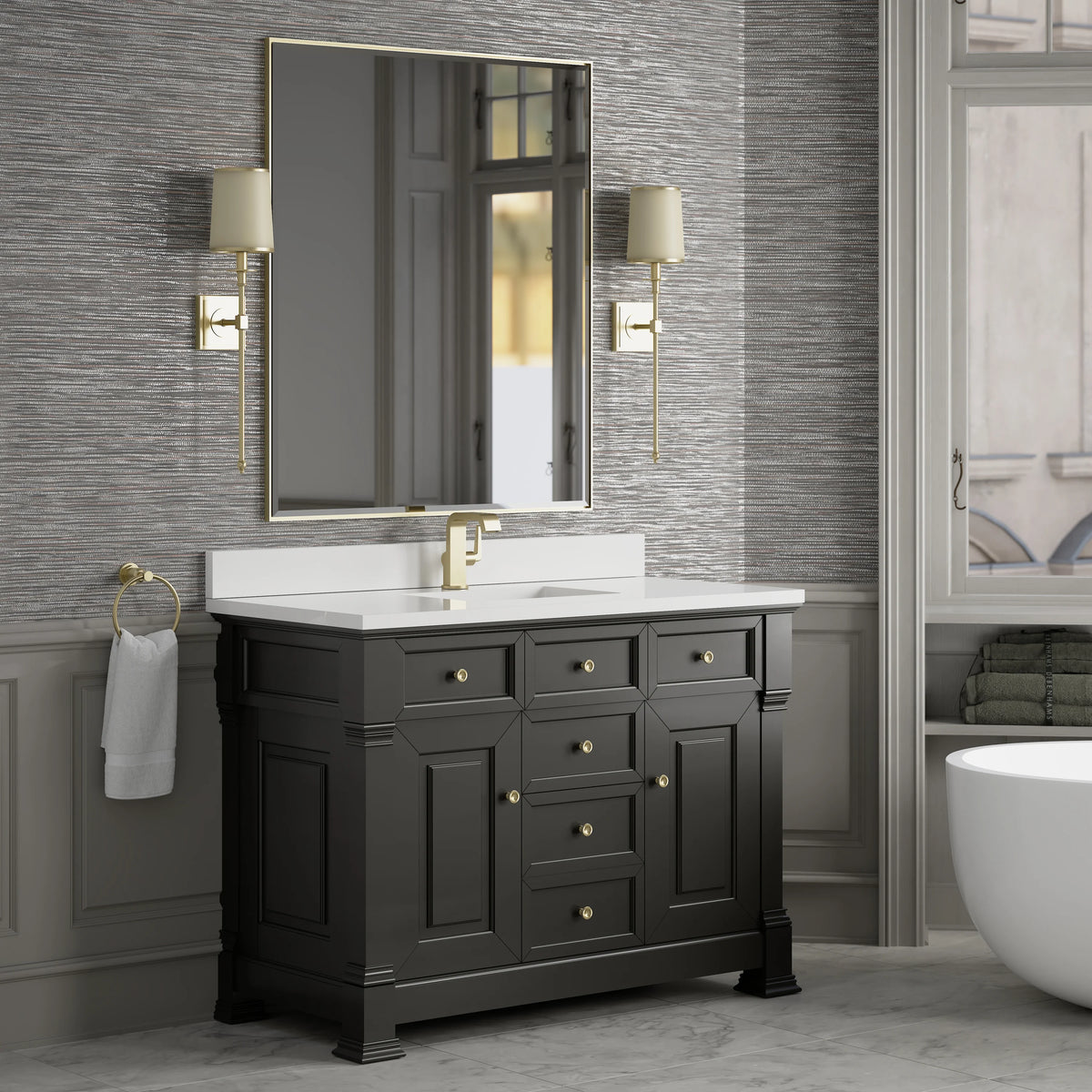 Brookfield 48" Single Vanity, Black Onyx w/ Single Hole 3 CM White Zeus Silestone Top & Backsplash, view 4