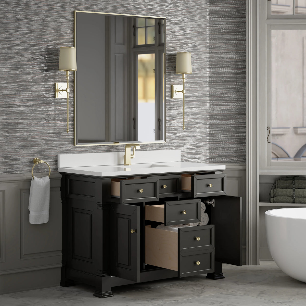 Brookfield 48" Single Vanity, Black Onyx w/ Single Hole 3 CM White Zeus Silestone Top & Backsplash, view 5