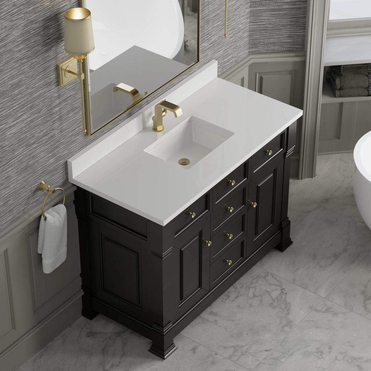 Brookfield 48" Single Vanity, Black Onyx w/ Single Hole 3 CM White Zeus Silestone Top & Backsplash, view 7
