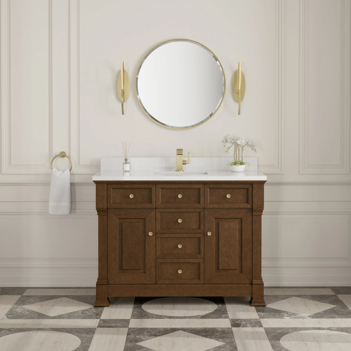 Brookfield 48" Single Vanity, Honey Oak w/ Single Hole 3 CM White Zeus Silestone Top & Backsplash, view 3