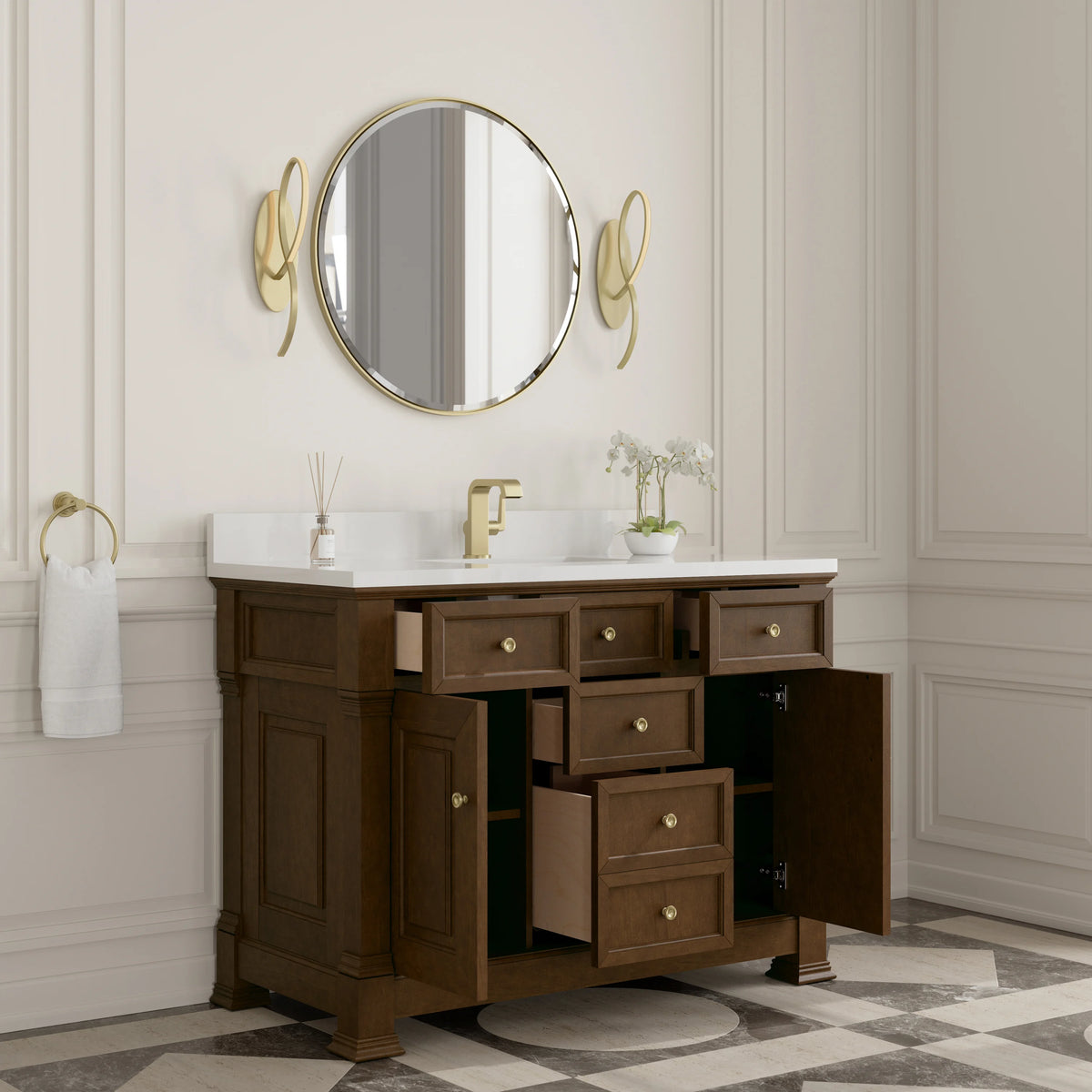 Brookfield 48" Single Vanity, Honey Oak w/ Single Hole 3 CM White Zeus Silestone Top & Backsplash, view 5