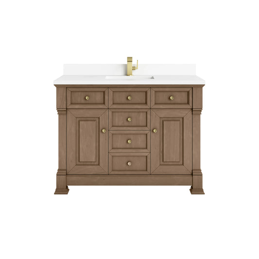 Brookfield 48" Single Vanity, Pecan w/ Single Hole 3CM White Zeus Silestone  Top & Backsplash