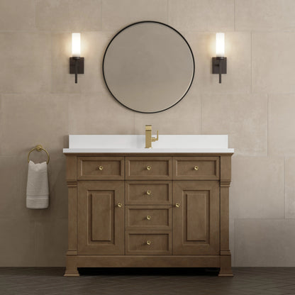 Brookfield 48" Single Vanity, Pecan w/ Single Hole 3CM White Zeus Silestone  Top & Backsplash, view 3