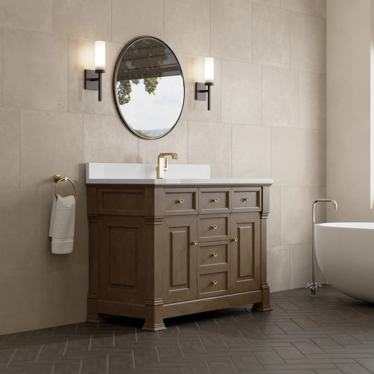 Brookfield 48" Single Vanity, Pecan w/ Single Hole 3CM White Zeus Silestone  Top & Backsplash, view 4