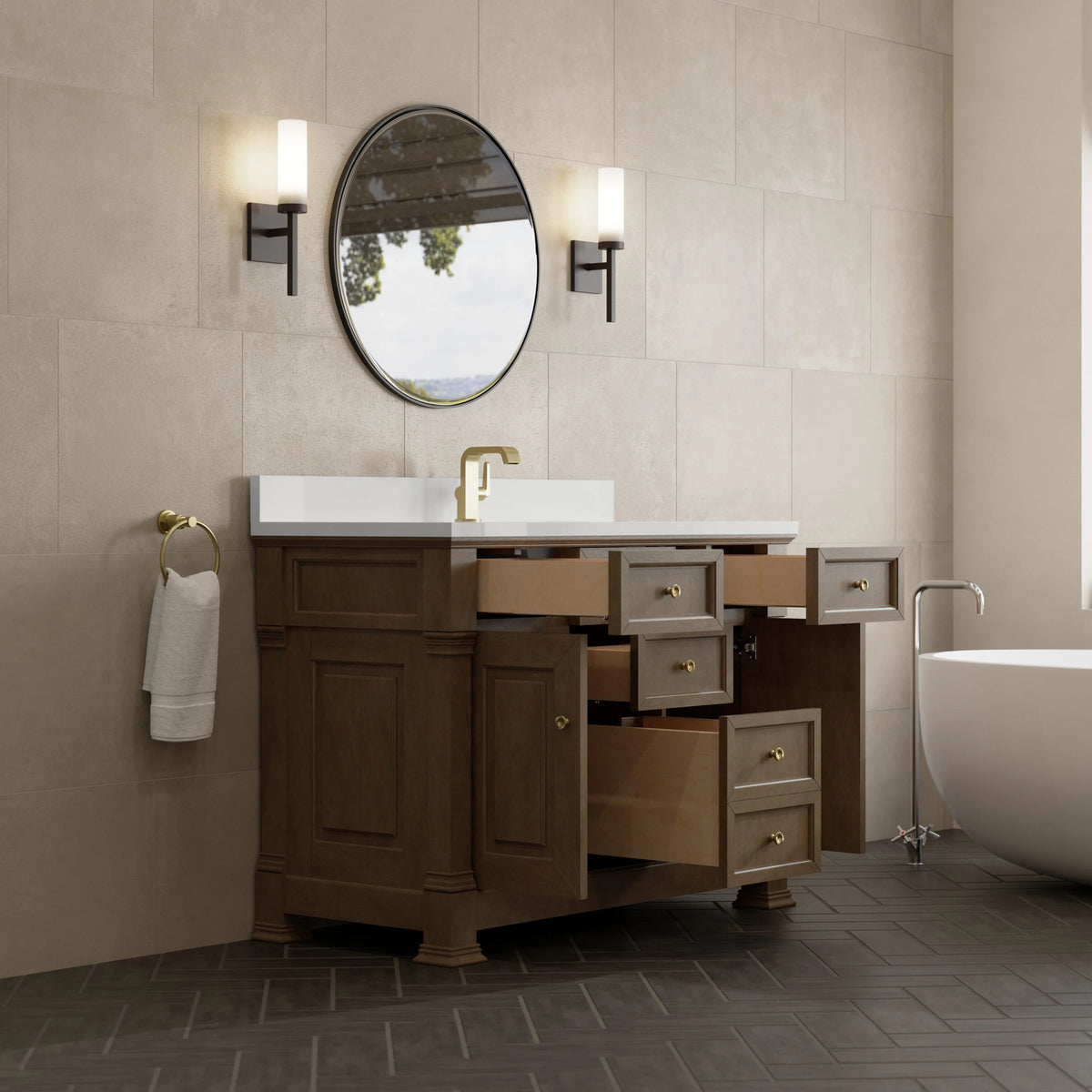 Brookfield 48" Single Vanity, Pecan w/ Single Hole 3CM White Zeus Silestone  Top & Backsplash, view 5