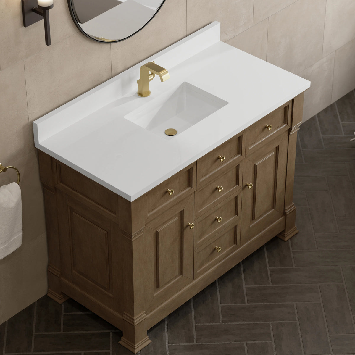Brookfield 48" Single Vanity, Pecan w/ Single Hole 3CM White Zeus Silestone  Top & Backsplash, view 7