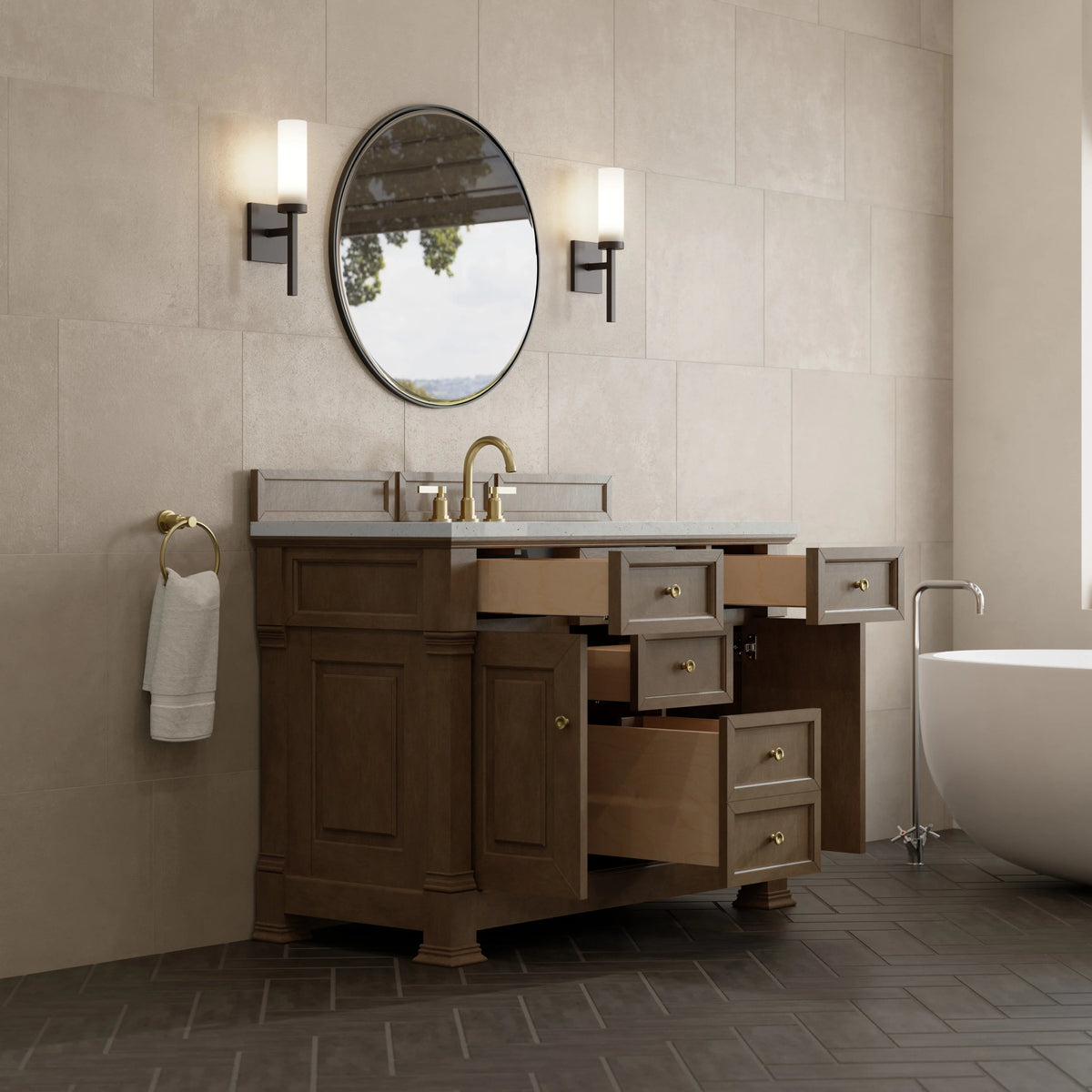 Brookfield 48" Single Vanity, Pecan, w/ 3 CM Lime Delight Silestone Top, view 5