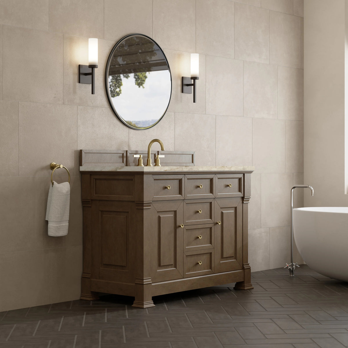 Brookfield 48" Single Vanity, Pecan, w/ 3 CM Tajnar Eclos Top w/FreePower Wireless Charger, view 6