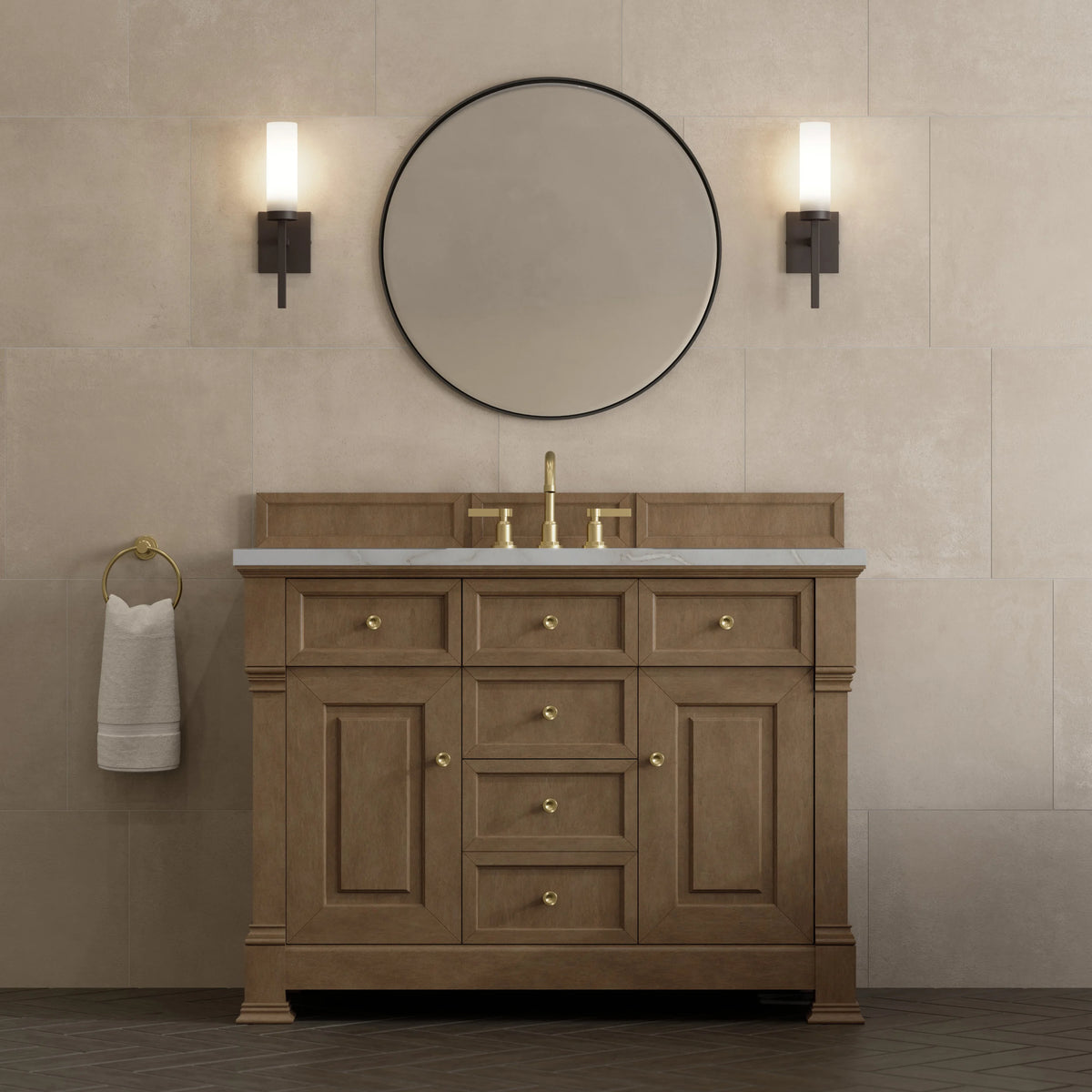 Brookfield 48" Single Vanity, Pecan w/ 3 CM Victorian Silver Silestone Top w/ FreePower Wireless Charger, view 6