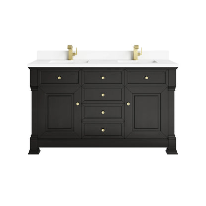 Brookfield 60" Double Vanity, Black Onyx w/ Single Hole 3CM White Zeus Silestone Top & Backsplash