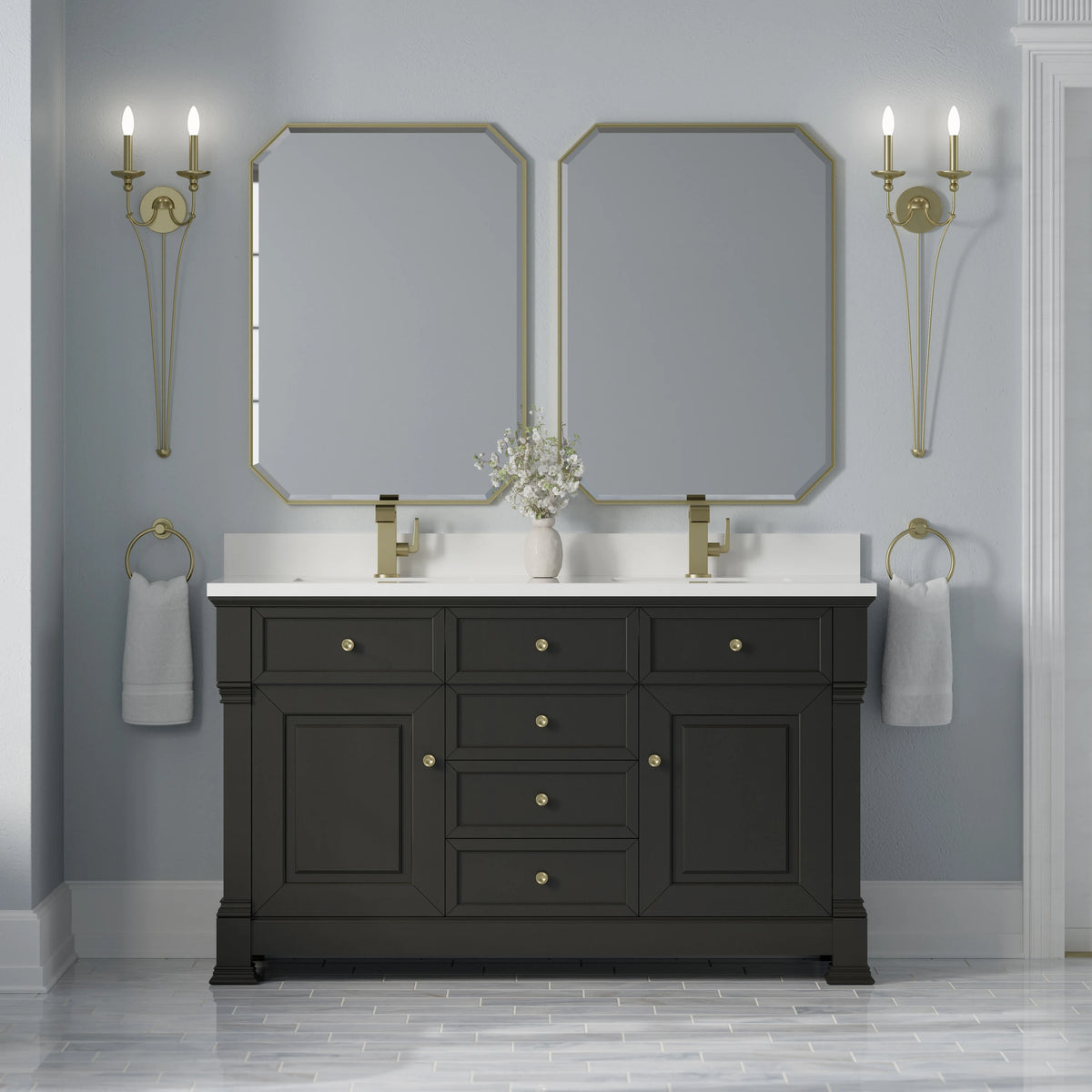 Brookfield 60" Double Vanity, Black Onyx w/ Single Hole 3CM White Zeus Silestone Top & Backsplash, view 3