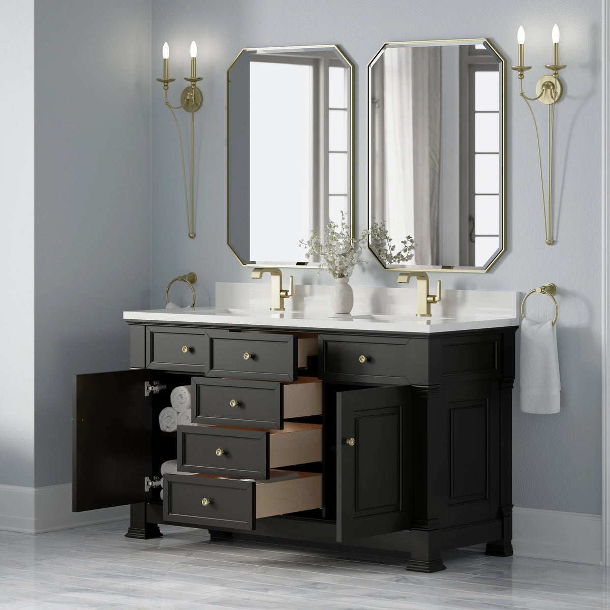 Brookfield 60" Double Vanity, Black Onyx w/ Single Hole 3CM White Zeus Silestone Top & Backsplash, view 5