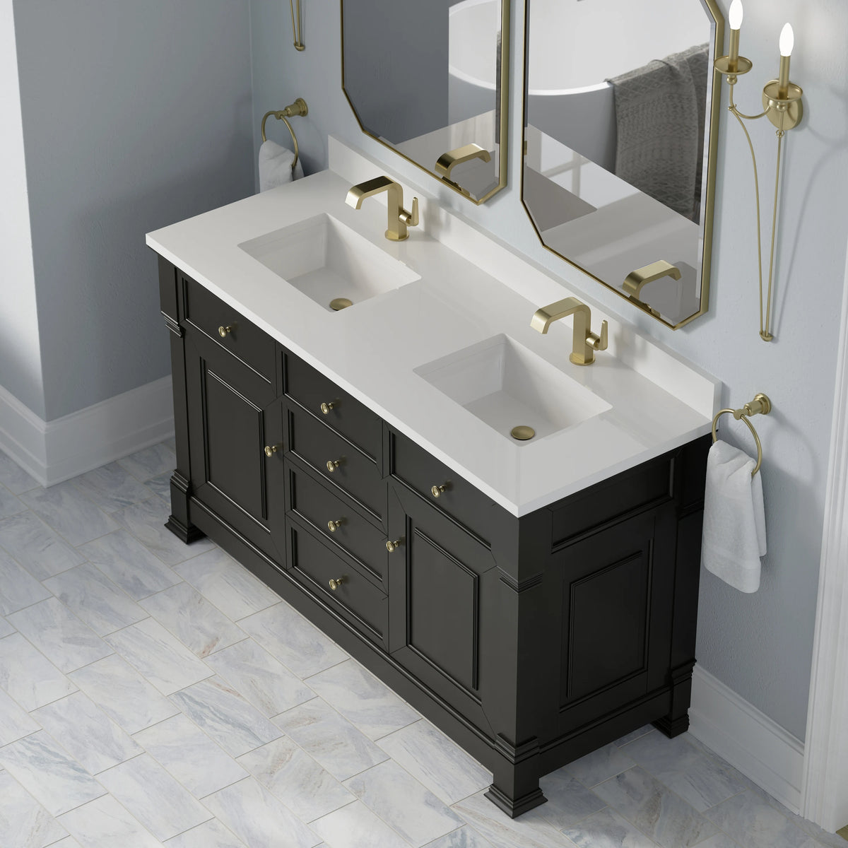 Brookfield 60" Double Vanity, Black Onyx w/ Single Hole 3CM White Zeus Silestone Top & Backsplash, view 7