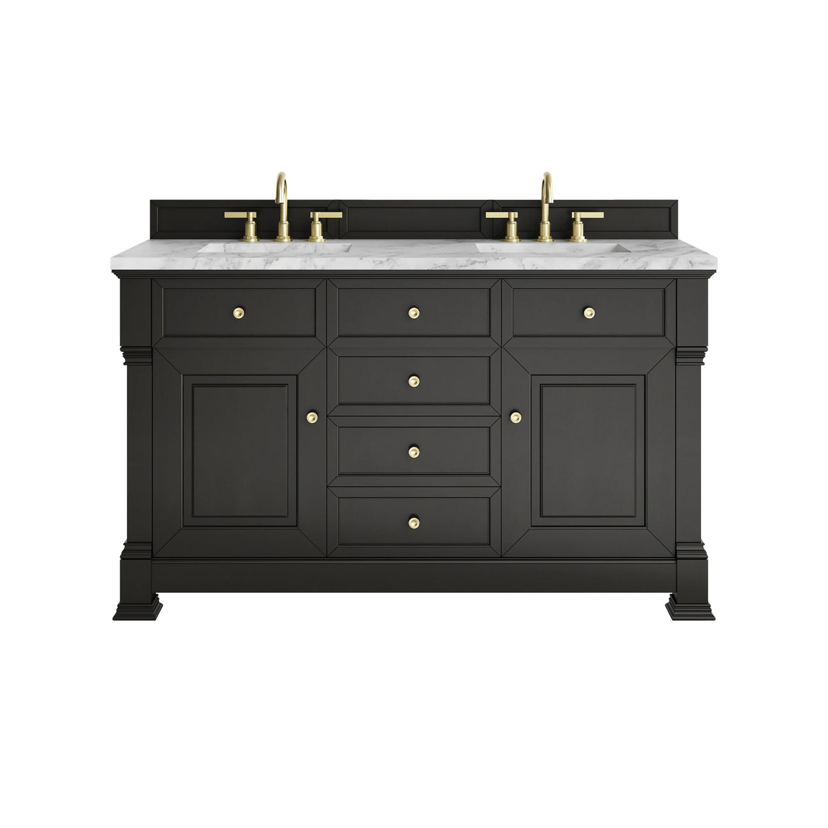Brookfield 60" Double Vanity, Black Onyx w/3 CM Carrara White Marble Top